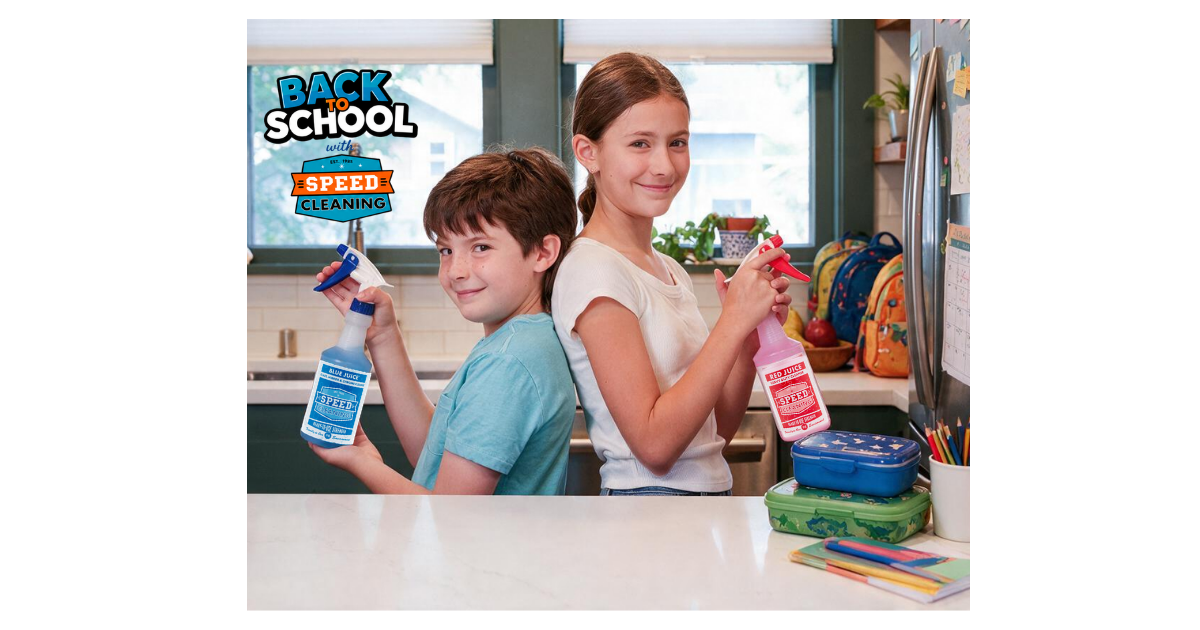 Two children holding Speed Cleaning products while getting ready for back-to-school in a clean, organized home.