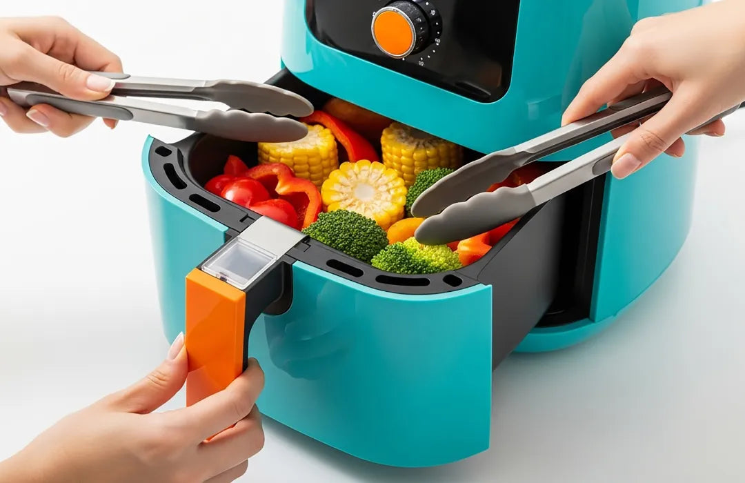 Hands placing vegetables into an air fryer basket