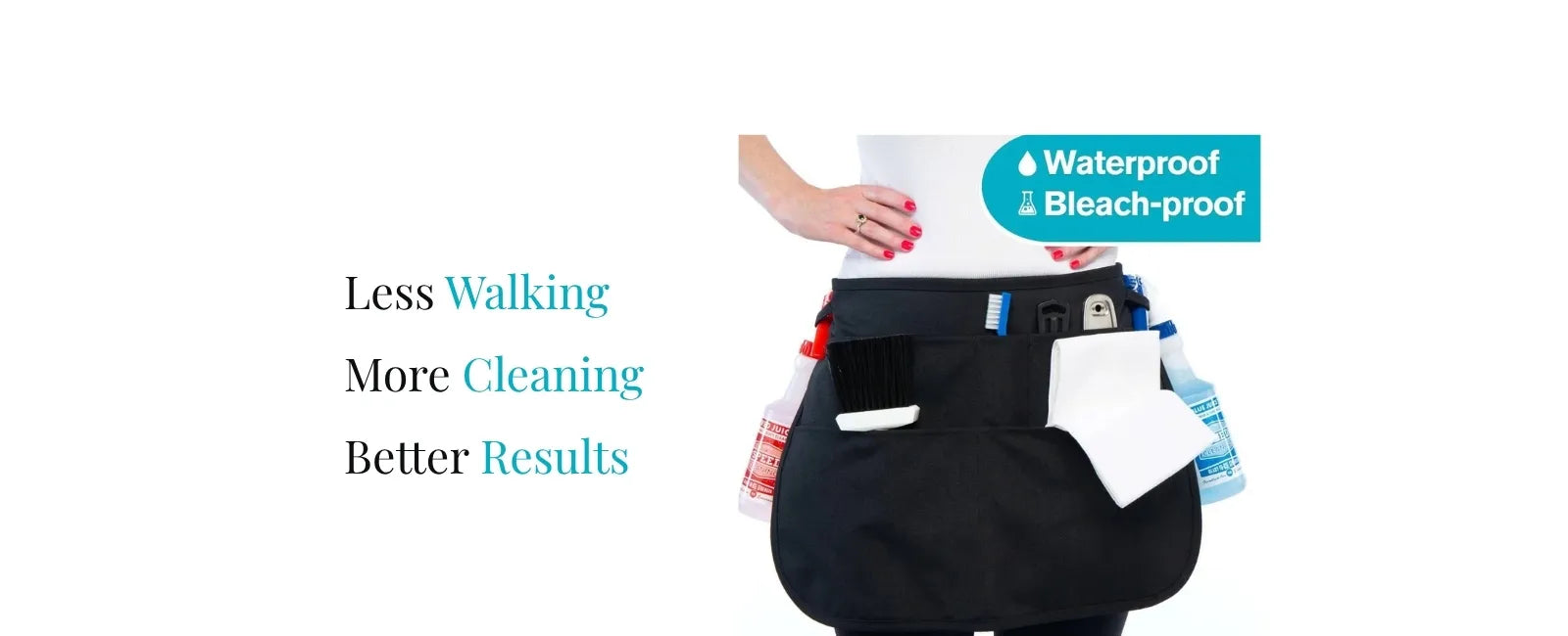 Professional cleaning apron with multiple pockets for cleaning supplies, designed to improve efficiency and reduce unnecessary trips during house cleaning