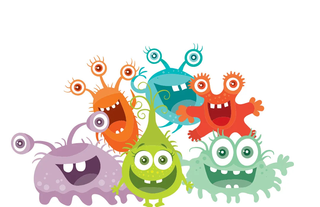 Illustration of colorful cartoon germs representing bacteria before cleaning and disinfection