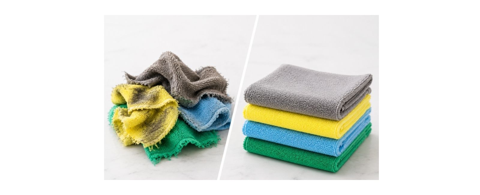 Microfiber cleaning cloths showing proper care versus poor care and stacked cleaning cloths