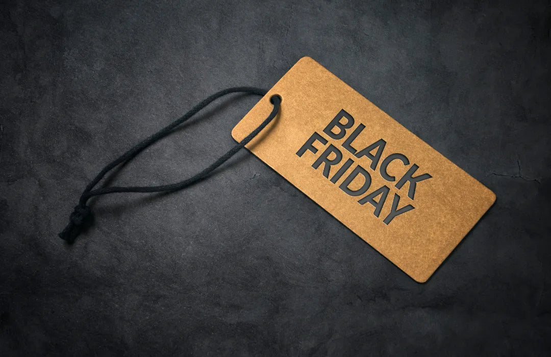 Black Friday sale tag on a dark background.