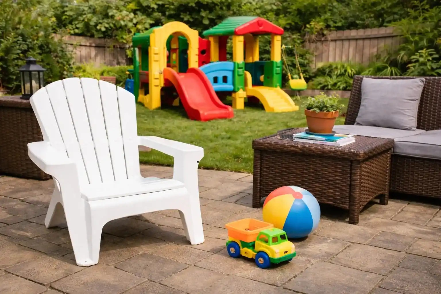 White outdoor plastic chair and children’s toys on patio near backyard playground