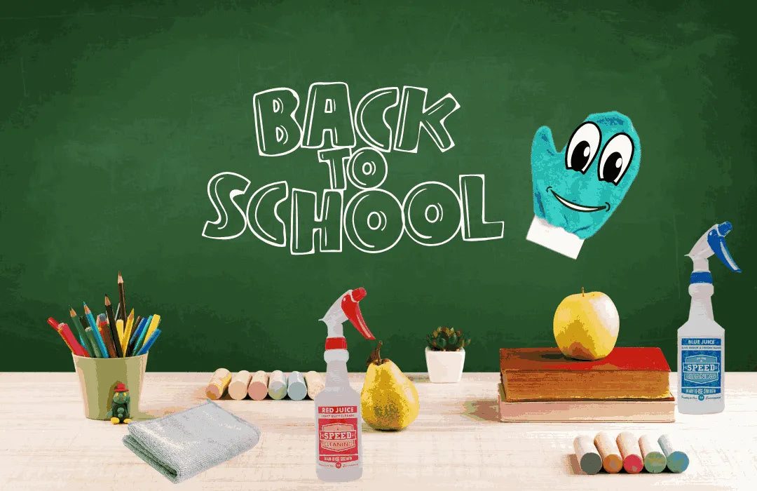 Non-toxic back-to-school cleaning kit with Speed Cleaning Red Juice and Blue Juice, perfect for classrooms and kid-safe cleaning.