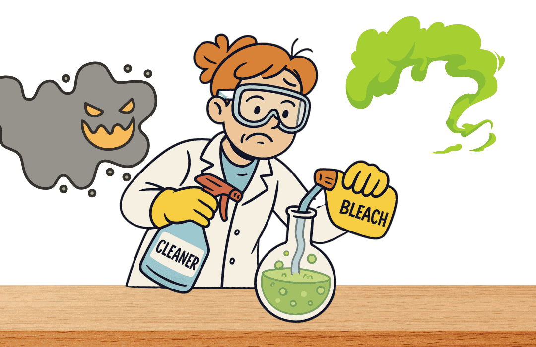 Cartoon of a person mixing cleaning products, creating dangerous fumes