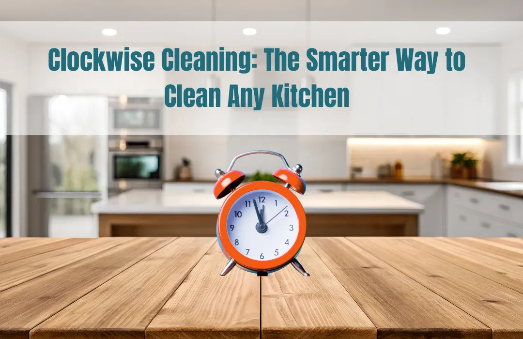 Alarm clock on a kitchen counter with the text ‘Clockwise Cleaning: The Smarter Way to Clean Any Kitchen