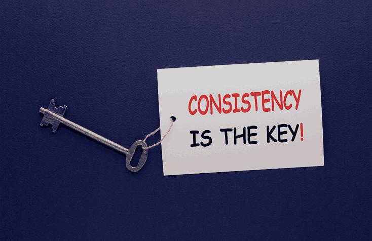 Blue background with a key and a note stating that consistency is the key to a cleaning business's success.