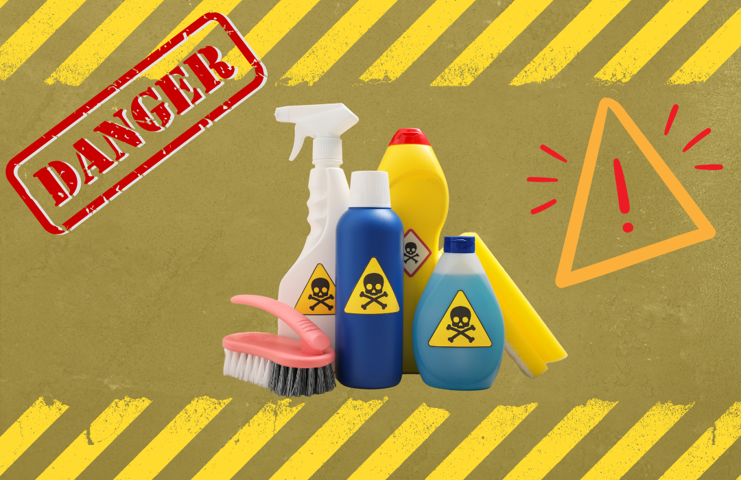 The hidden dangers of mixing common cleaning products, symbolized by a skull and danger sign.