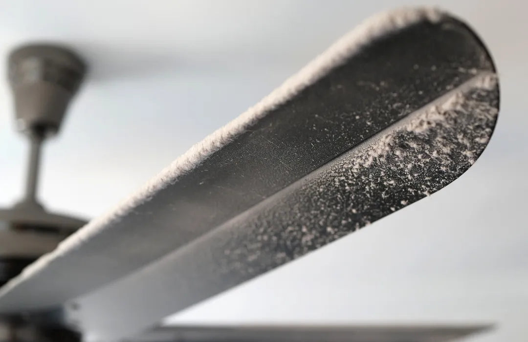 Close-up of a ceiling fan blade coated with dust, illustrating the buildup of airborne particles and the need for regular cleaning