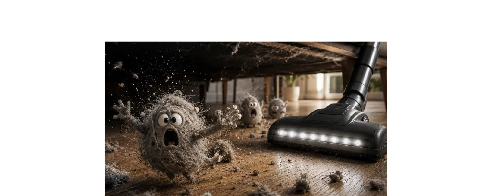 Dust bunny hiding under furniture next to a vacuum cleaner