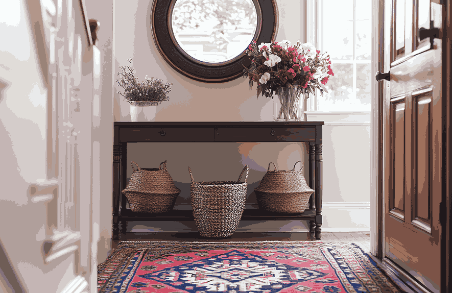 idy entryway with clean rugs and organized surfaces after professional cleaning.