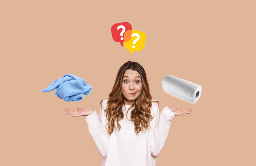 Girl holding a cotton cloth in one hand and a paper towel in the other, pondering which is better for cleaning.