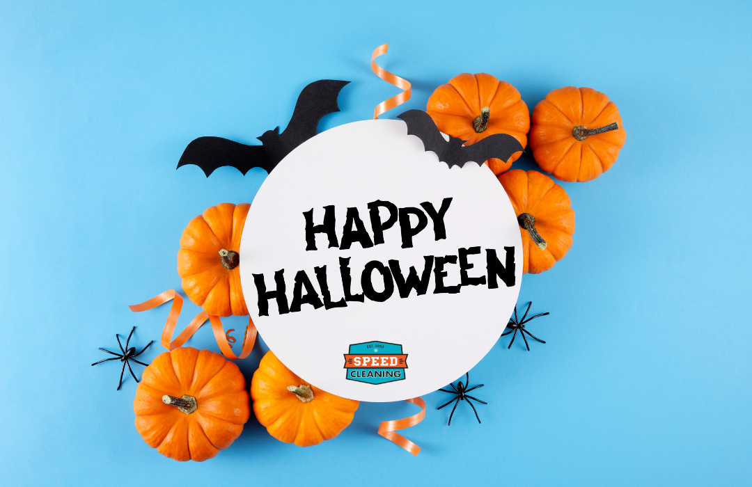 Happy Halloween message with a bat illustration and Speed Cleaning logo