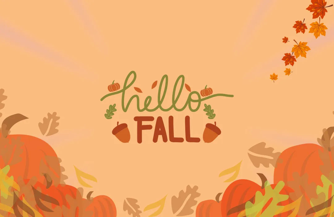 Illustration with pumpkins and autumn leaves with the text “Hello Fall” in the center