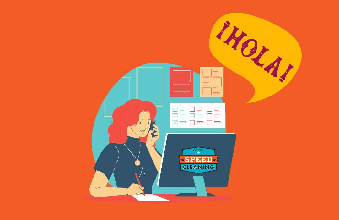 Image of a woman on a computer with the Speed Cleaning logo, greeting 'Hola' in Spanish, promoting our cleaning tech training courses available in Spanish.