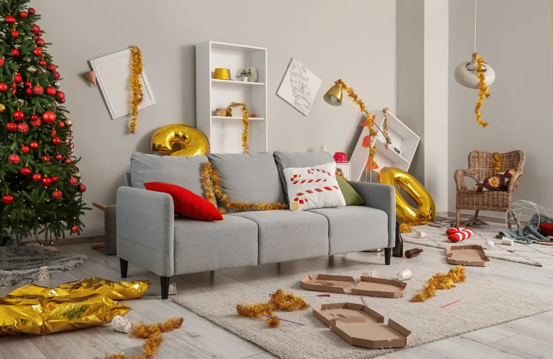 Messy living room after the holidays with Christmas decorations, confetti on the floor, and a sofa surrounded by post-celebration clutter.