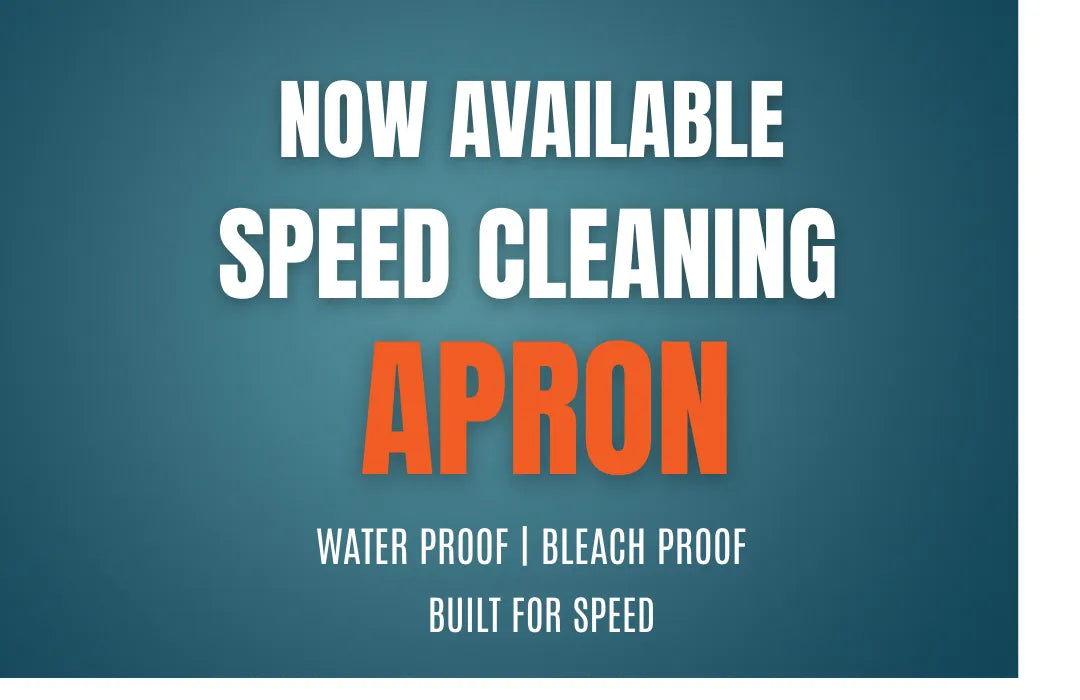 Promotional graphic announcing the Speed Cleaning Apron now available, highlighting that it is water-proof, bleach-proof, and built for speed
