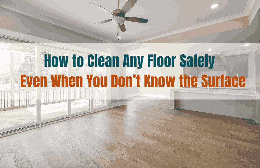 Bright living room with hardwood flooring illustrating how to clean any floor safely when the surface type is unknown.