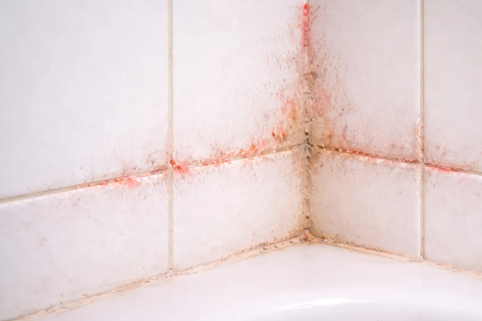 Pink mold on bathroom tiles and grout in shower corner, common bathroom bacteria buildup