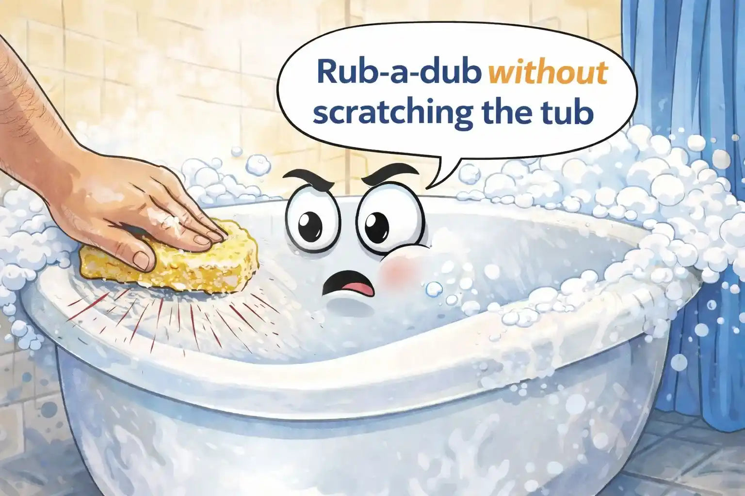 Illustration of a bathtub being gently scrubbed with a sponge, showing non-scratching cleaning
