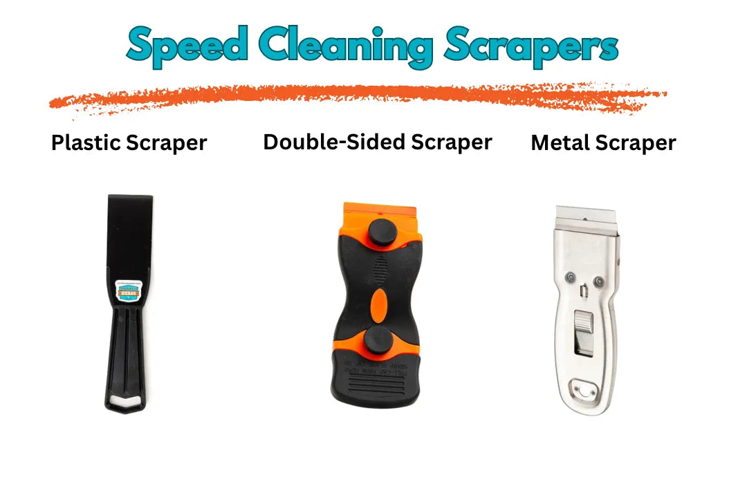 Speed Cleaning Scrapers — Plastic Scraper, Double-Sided Scraper, and Metal Scraper displayed side by sid