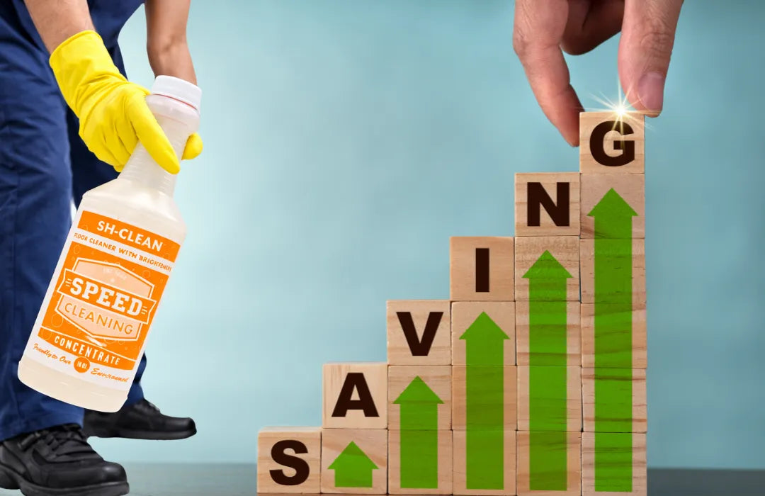 Cleaning professional holding a Speed Cleaning concentrate bottle next to stacked blocks showing rising savings and cost efficiency.