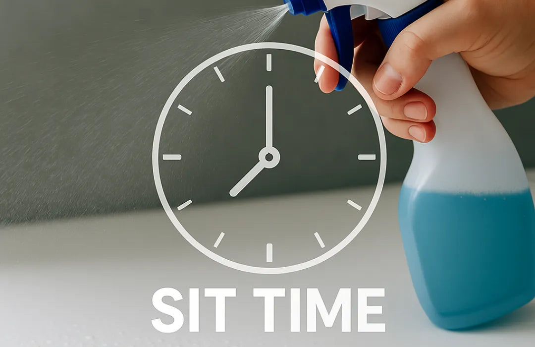 Hand spraying cleaner on a surface with a clock icon, illustrating dwell time or sit time in professional cleaning