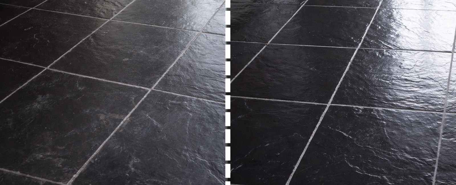 Slate floor before and after deep cleaning – streak-free shine with professional cleaner