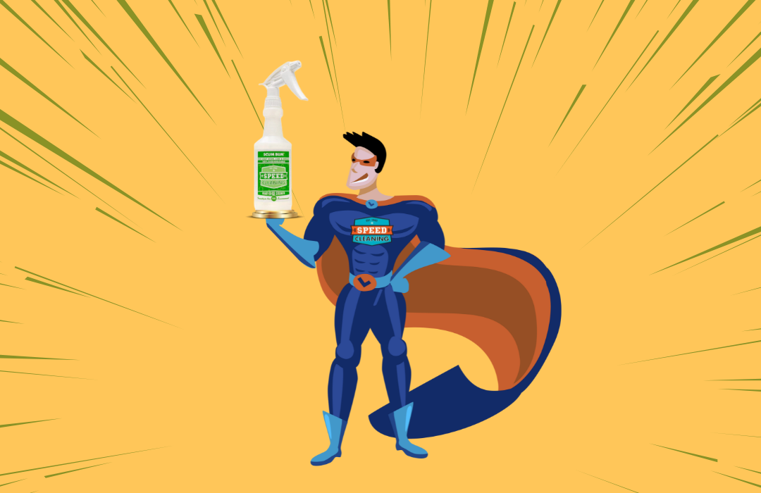 Superhero holding Scum Bum cleaner, ready to tackle soap scum and hard water stains on glass shower doors