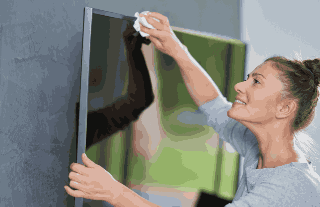 Woman cleaning a flat-screen TV with a soft cloth