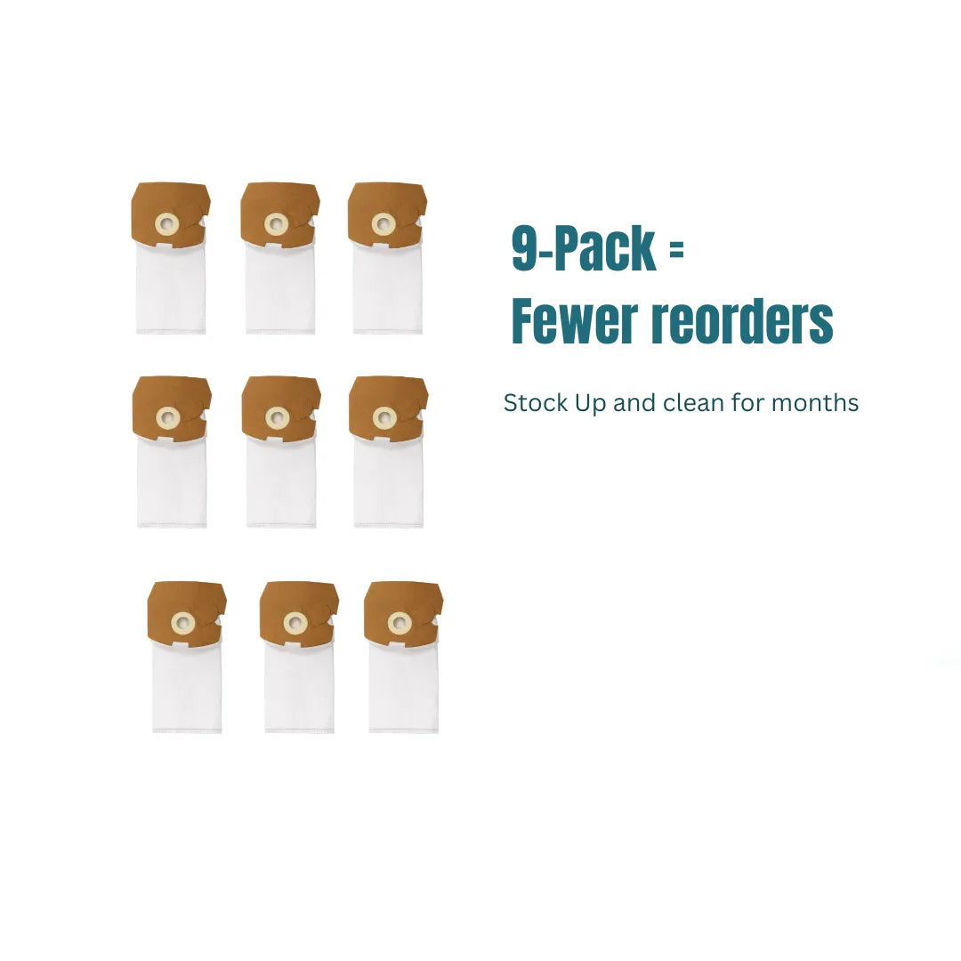 Nine vacuum filter bags displayed on a white background with text about stockpiling.