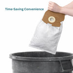 Person holding a dust filter bag above a trash bin with text 'Time-Saving Convenience'.