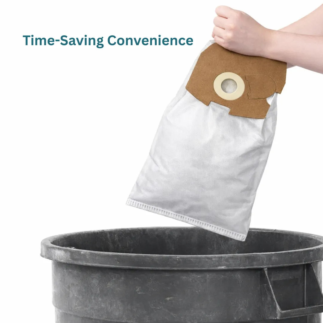 Person holding a dust filter bag above a trash bin with text 'Time-Saving Convenience'.