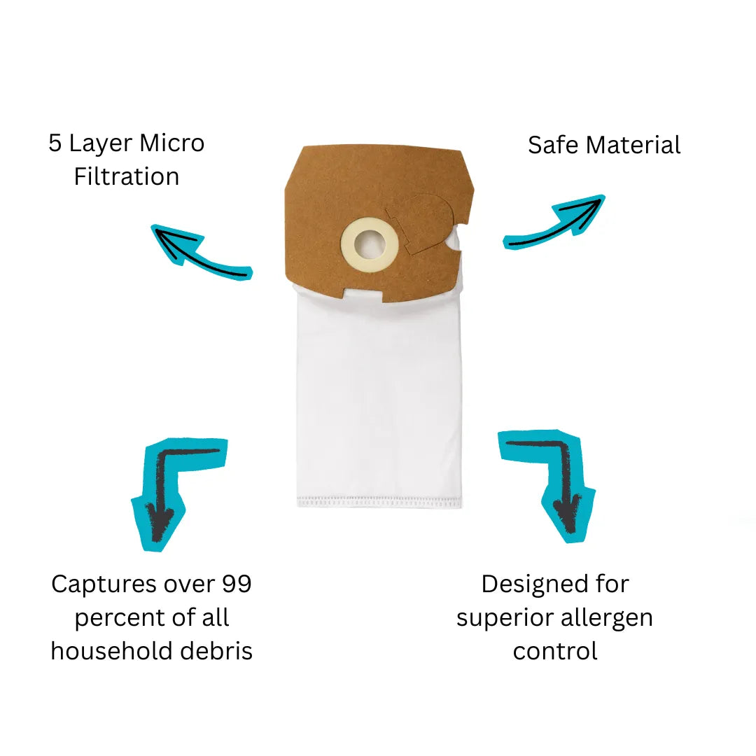 Dust filter bag with features highlighted on a white background