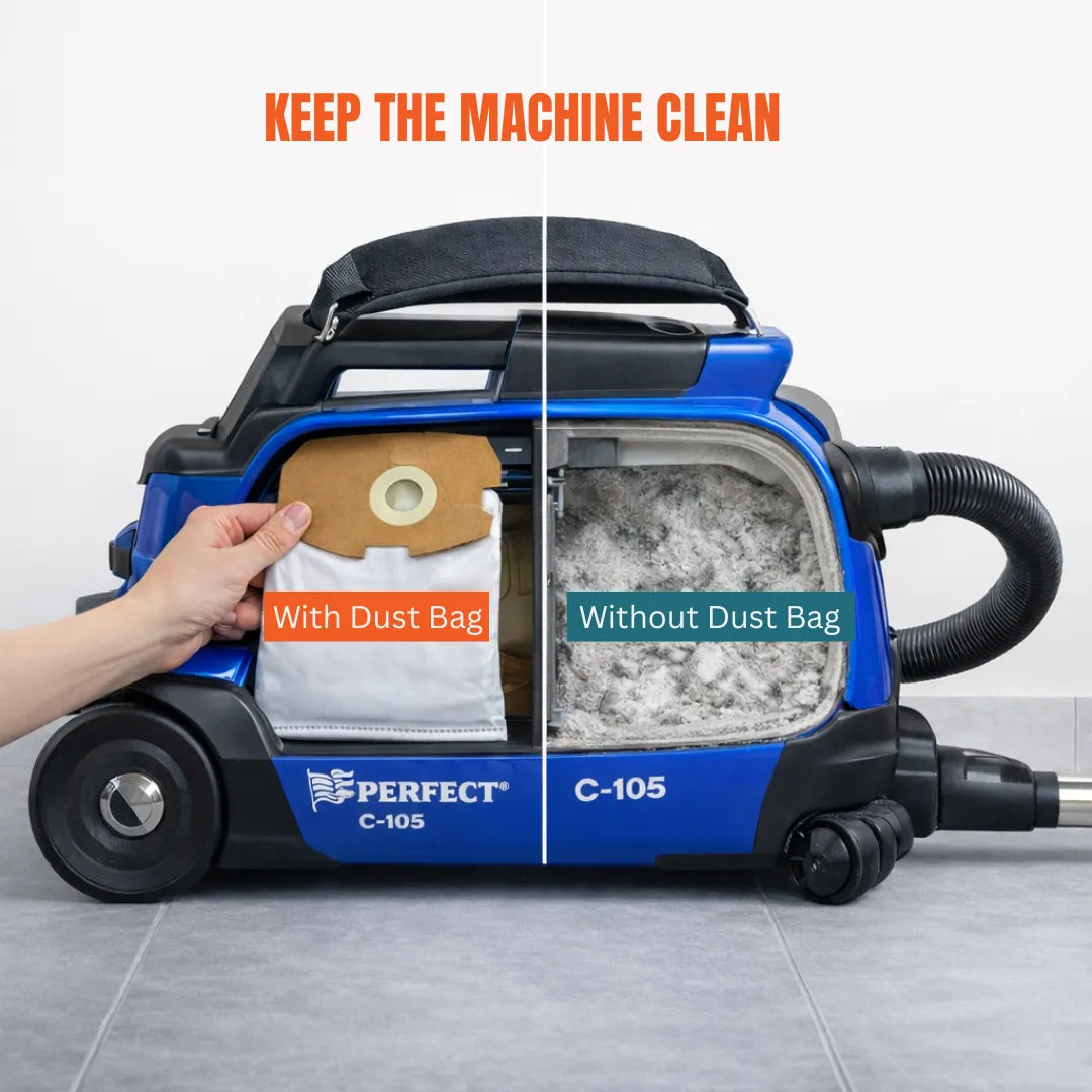 C105 canister vacuum comparison showing cleaner interior with dust bag