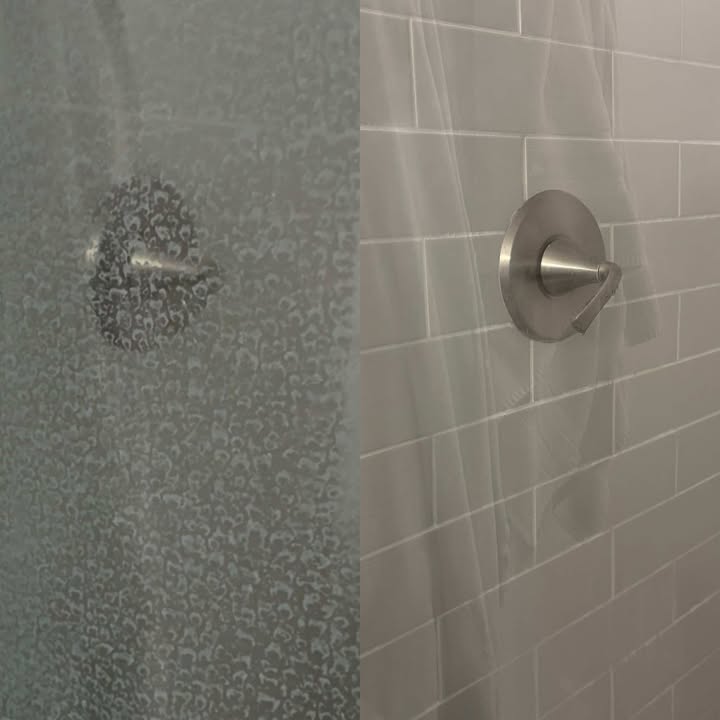 Cloudy shower glass on the left, the same glass crystal clear after Scum Bum on the right