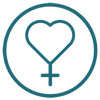 Woman owned business icon showing a heart with a cross at the bottom in a circle